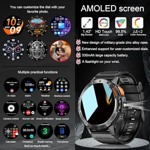 Military Smart Watches for Men with Flashlight, 170+ Sport Modes 1.43" AMOLED Screen, 530mAh Answer/Make Calls, Bluetooth for Android Phones and iPhone Compatible Heart Rate/SpO2/Sleep (Black) - Image 2