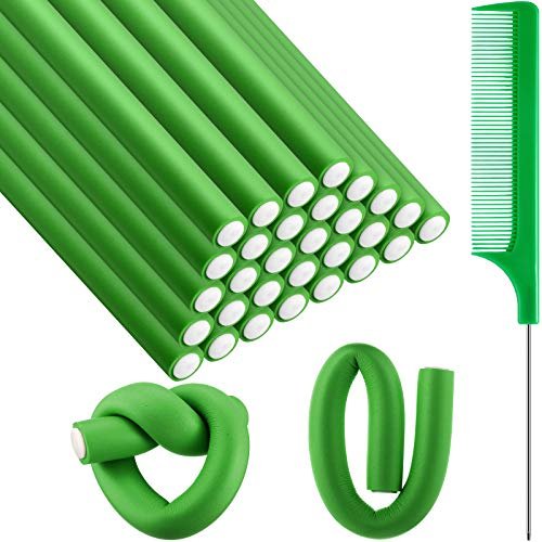 Syhood 30 Pcs Flexible Curling Rods 9.45 Twist Foam Rollers Soft Foam No Heat Hair Rods Rollers and 1 Steel Pintail Comb Rat Tail Comb for Women Long Short Hair(Green,9.45 x 0.79 Inch)