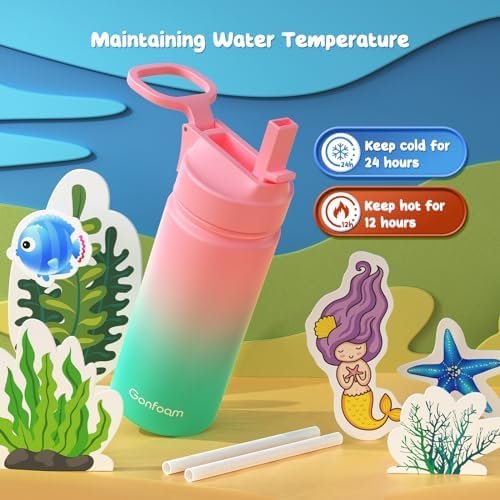 Kids Water Bottle, 2-Pack 16oz Kids Water Bottle with Stickers for School, insulated Stainless Steel Straw Cup(Pink+Blue) - Image 3