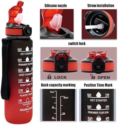 32oz Sports Water Bottle Outdoor, with Drinking Time and Capacity Labels, Sport Water Cups with Straw,BPA Free Leak Proof,for Fitness Gym Running Climbing(32oz Black red) - Image 5