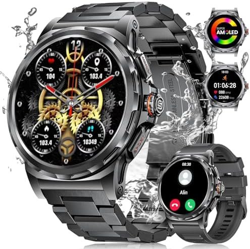 LIGE Military Smart Watch for Men(Answer/Make Call),1.43″ HD AMOLED Rugged Smartwatch for iPhone Android Phone,Fitness Watch,Black Sport Watch with 120+ Sport Modes/5ATM Waterproof