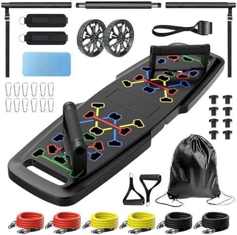 Push Up Board,Home Gym,Portable Exercise Equipment,Pilates Bar and 20 Fitness Accessories with Resistance Bands and Ab Roller Wheel,Full Body Workout at Home