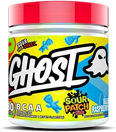 GHOST BCAA Powder Amino Acids Supplement, Sour Patch Kids Blue Raspberry – 30 Servings – Sugar-Free Intra, Post & Pre Workout Amino Powder & Recovery Drink, 7G BCAA