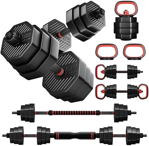 KeppiFitness Adjustable Dumbbell Set, 30/40/50/70/90 lb Weight Set with Connector Bar, 4 in 1 Workout Gear with Dumbbell, Kettlebell, Barbell, Push up Handle for Home Gym Fitness Exercise