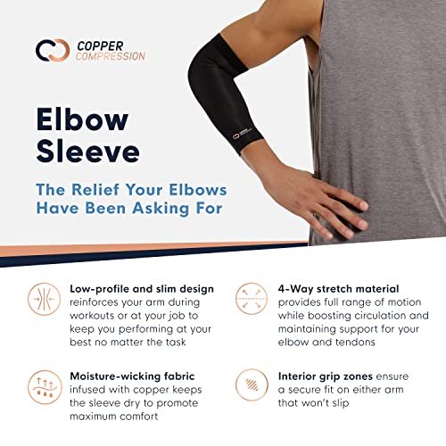 Copper Compression Elbow Sleeve - Copper Infused Orthopedic Brace for Tennis & Golfer Elbow, Tendonitis, Arthritis, Bursitis, Sore Joints & Muscles - Fits Men & Women -1 Sleeve - Original/Black - L - Image 7