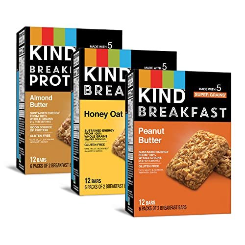 KIND Breakfast Bars, Variety Pack, Honey Oat, Almond Butter, Peanut Butter, Healthy Snacks, Gluten Free, Up to 8g Protein, 18 Count