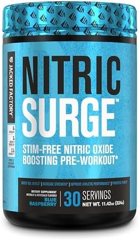 Jacked Factory Nitric Surge Stim Free Pre Workout Powder – Caffeine-Free Nitric Oxide Supplement w/Con-Cret Creatine, L Citrulline, & GlycerSize Glycerol – Blue Raspberry, 30 Servings