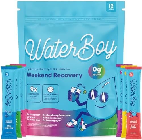 Waterboy Weekend Recovery Sample Pack | 3,200mg Electrolyte Powder Packets | Ginger + L-Theanine + Vitamins | No Sugar, All Natural, Gluten Free | 12 Drink Stick Mixes (Sample Pack)