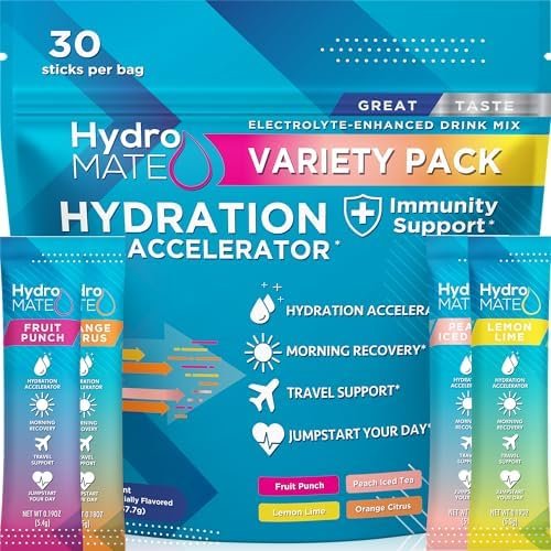 HydroMATE Electrolytes Powder Drink Mix Packets Hydration Accelerator Low Sugar Rapid Party Recovery Plus Vitamin C Variety Pack 30 Count