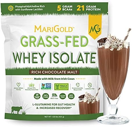 MariGold Grass-fed Whey Protein Isolate Powder – Rich Chocolate Malt Flavor – 1 Lb | 100% Pure, Cold-Processed, Micro-Filtered, Undenatured, Non-GMO, rBGH Free, Soy Free, Gluten Free, Lactose Free
