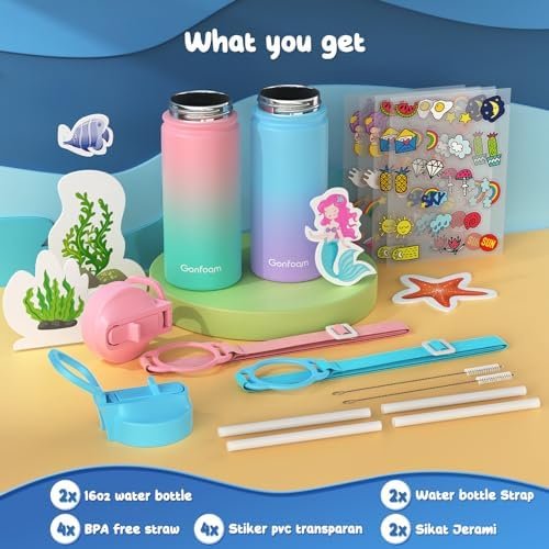 Kids Water Bottle, 2-Pack 16oz Kids Water Bottle with Stickers for School, insulated Stainless Steel Straw Cup(Pink+Blue) - Image 2