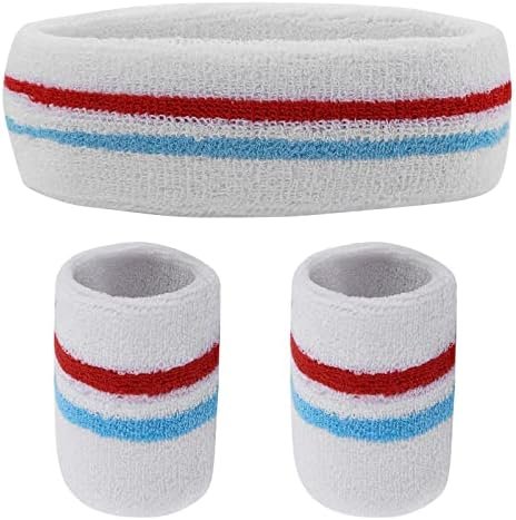 Yolev Striped Sweatband Set Sports Headband Wristband (1 Headband and 2 Wristbands) Set Sweatbands for Athletic Men and Women