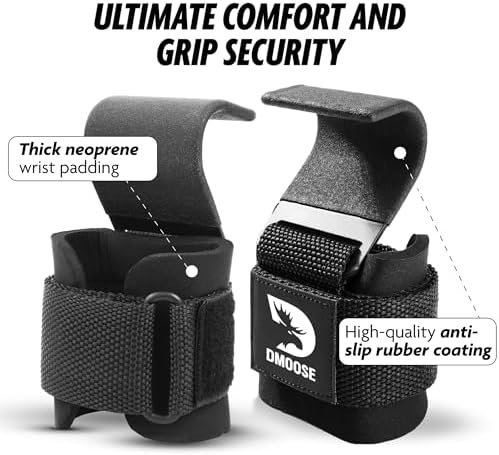 DMoose Fitness Weight Lifting Hooks for Men & Women (Pair) - 8 mm Thick Wrist Padding - Weight Grips for Powerlifting, Shrugs, Rows & Deadlift Support - Gym Lifting Straps with Pull Up Hooks - Image 3