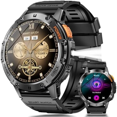 Military Smart Watches for Men with Flashlight, 170+ Sport Modes 1.43″ AMOLED Screen, 530mAh Answer/Make Calls, Bluetooth for Android Phones and iPhone Compatible Heart Rate/SpO2/Sleep (Black)