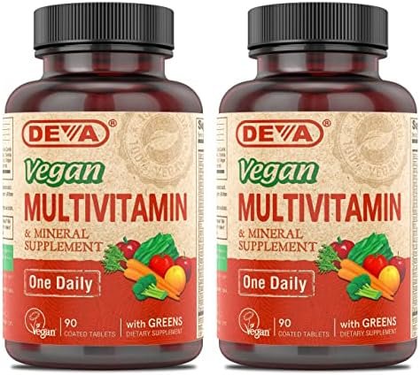 DEVA Vegan Multivitamin & Mineral Supplement with Iron 2-Pack, Spirulina, Chlorella, Ashwagandha, Broccoli & More, 90 Coated Tablets Each