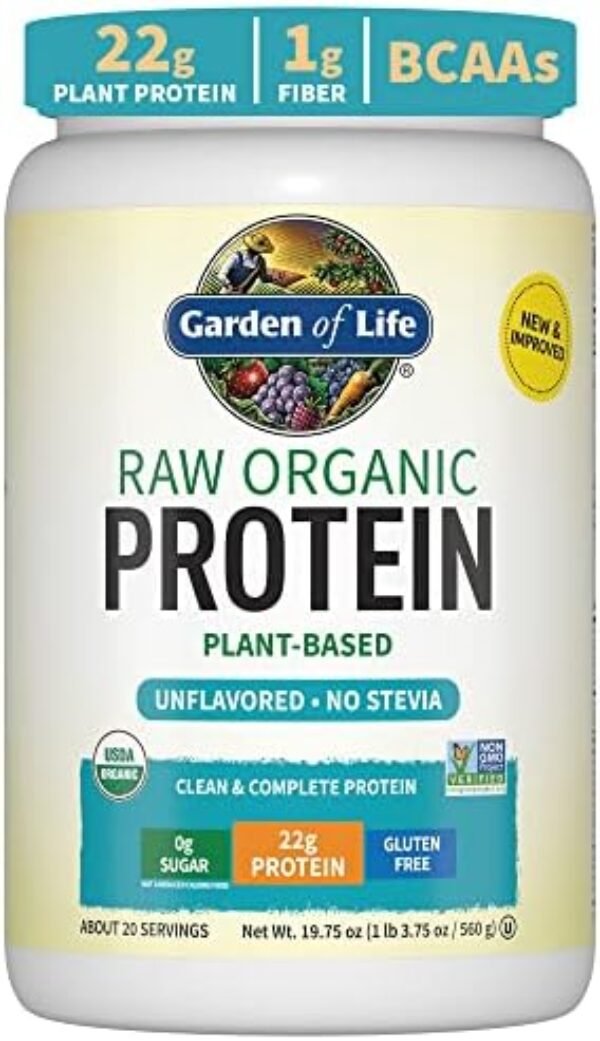 Organic Vegan Protein Powder, Unflavored Protein Powder, Garden of Life 22g Plant Based Protein & BCAAs, Organic Protein Powder with Probiotics & Enzymes, Non-GMO, Gluten-Free Lactose Free 1.2 LB
