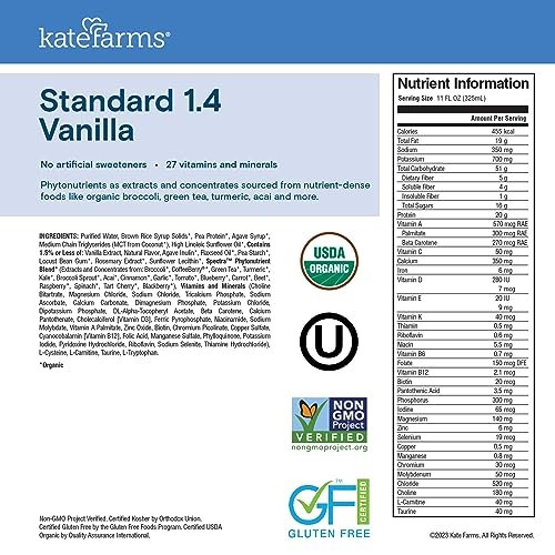 KATE FARMS Organic Vegan Plant Based 1.4 Sole-Source Nutrition Shake, Vanilla Flavor, 20g of protein, 28 Vitamins and Minerals, High Calorie Meal Replacement Drink, Protein Shake, Gluten Free and Non-GMO, 11 Fl oz (Pack of 12) - Image 6