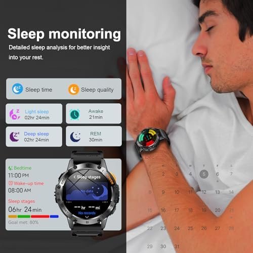 Military Smart Watches for Men with Flashlight, 170+ Sport Modes 1.43" AMOLED Screen, 530mAh Answer/Make Calls, Bluetooth for Android Phones and iPhone Compatible Heart Rate/SpO2/Sleep (Black) - Image 6
