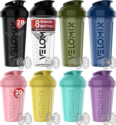 -8 PACK- Shaker Cups for Protein Shakes 28&20 OZ – 8x Wire Whisk | Leak Proof Protein Shaker Bottle for Protein Mixes, Shaker Bottle Pack for Pre & Post Workout, Shaker Cup