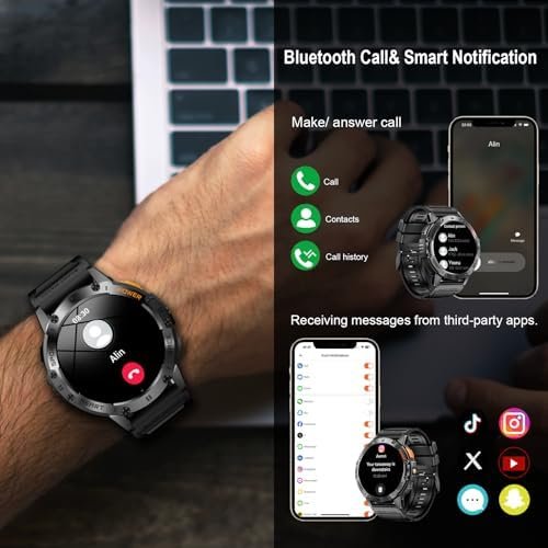 Military Smart Watches for Men with Flashlight, 170+ Sport Modes 1.43" AMOLED Screen, 530mAh Answer/Make Calls, Bluetooth for Android Phones and iPhone Compatible Heart Rate/SpO2/Sleep (Black) - Image 3