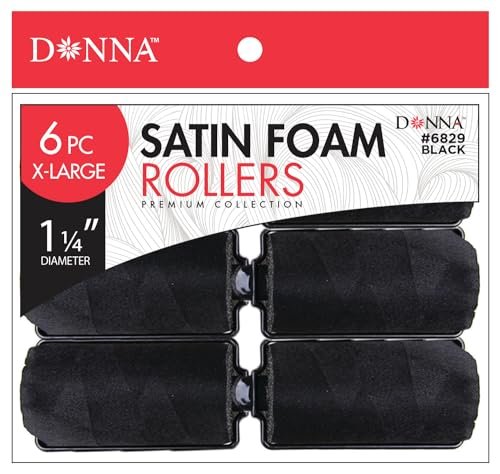DONNA Silky Satin Foam Rollers 1.25″(D) 6PCS XL Hair Styling Heatless Curlers and Clips for Hairdressing BLACK