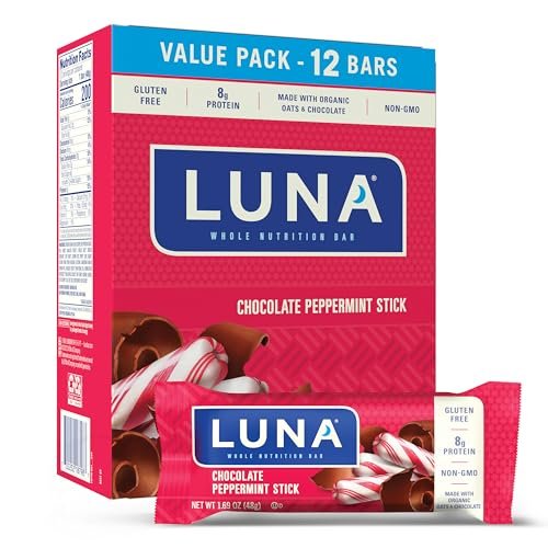 LUNA Bar – Chocolate Peppermint Stick Flavor – Snack Bars – Non-GMO – Gluten-Free Protein Bars – Made with Organic Oats (12 Pack)