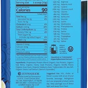 Sunwarrior Vegan Protein Powder Plant-based Organic Protein USDA BCAAs Amino Acids Supplement Hemp Seed Keto Friendly Soy, Dairy, Gluten, & Synthetic Free NON-GMO, Vanilla Flavored 32 Servings 17g per