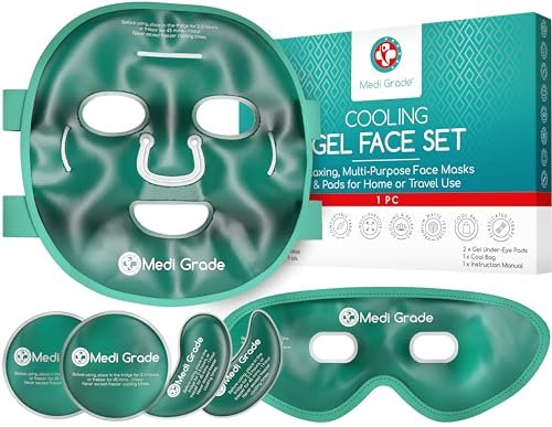Medi Grade Cooling Ice Face Mask and Cooling Eye Mask for Puffy Eyes & Migraine Relief – Self Care Face Ice Pack with ChillGel Face Ice Mask Technology – Cooling Face Mask, Eye Pads and Bag