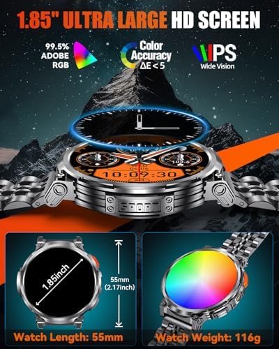 1.85" Big Screen Military Smart Watch for Men with Flashlight, 730mAh Large Battery, IP68 Waterproof, Bluetooth Calling, 114 Sports Modes, Heart Rate/Sleep Monitor for iOS Android - Image 2