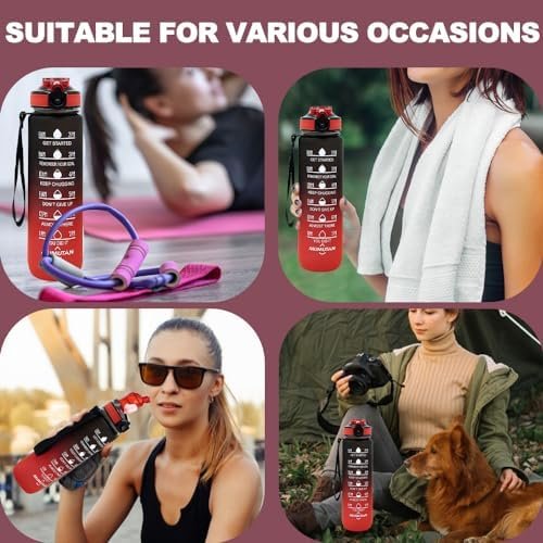 32oz Sports Water Bottle Outdoor, with Drinking Time and Capacity Labels, Sport Water Cups with Straw,BPA Free Leak Proof,for Fitness Gym Running Climbing(32oz Black red) - Image 7