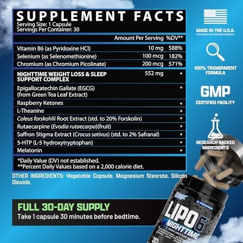 Nutrex Lipo 6 Nighttime Fat Burner | Melatonin Sleep Aid & Weight Loss Diet Pills for Men and Women | Night Time Metabolism Booster Appetite Suppressant | 30 Servings (1) - Image 6