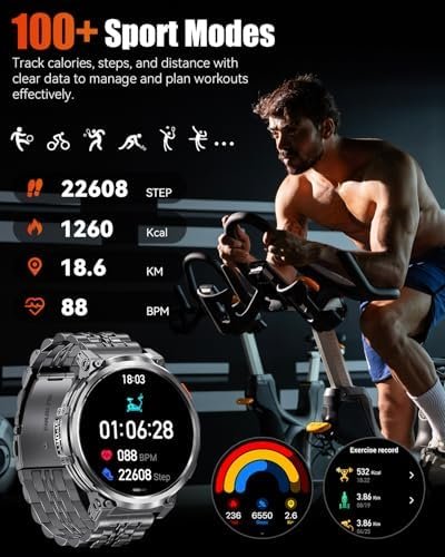 1.85" Big Screen Military Smart Watch for Men with Flashlight, 730mAh Large Battery, IP68 Waterproof, Bluetooth Calling, 114 Sports Modes, Heart Rate/Sleep Monitor for iOS Android - Image 6