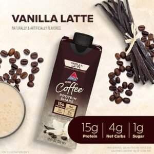 Atkins Iced Coffee Vanilla Latte Protein Shake, 15g Protein, Low Glycemic, 4g Net Carb, 1g Sugar, Keto Friendly, 12 packs of 11 fl Oz