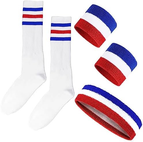 5 Pieces Sweatbands Set and Striped Socks 80s Sweatbands 90s Costume Wrist Sweat Bands for Men and Women Sports Headbands