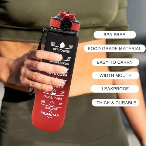 32oz Sports Water Bottle Outdoor, with Drinking Time and Capacity Labels, Sport Water Cups with Straw,BPA Free Leak Proof,for Fitness Gym Running Climbing(32oz Black red) - Image 6