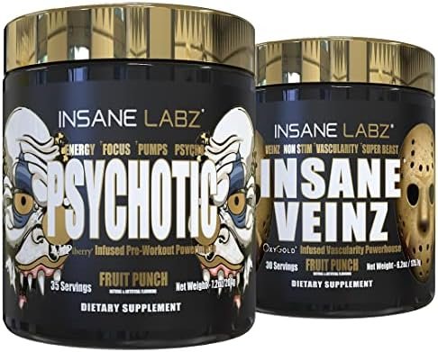 Insane Labz Psychotic Gold and Insane Veinz Gold Pre Workout Nitric Oxide Booster Stack, Increase Muscle Mass, Vascularity, Strength, Energy, Focus, Fruit Punch