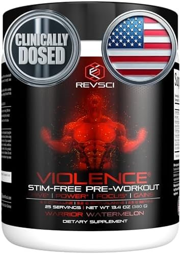 VIOLENCE Stim Free Pre Workout Powder by REVSCI, Precision Dosed Non Stim Preworkout Pump Pre Workout Caffeine Free Pre Workout Powder, Pump Supplement & Stimulant Free Nitric, Watermelon, 25 Servings