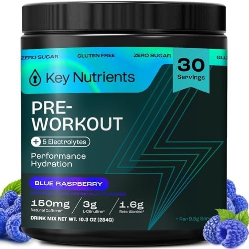 KEY NUTRIENTS PRE Workout for Men, Preworkout for Women, Blue Raspberry Electrolytes No Sugar, Energy Supplements, Pre Workout Powder, Workout Supplement for Men, Natural Pre-Workout (30 Servings)