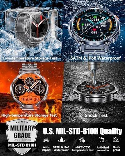 1.85" Big Screen Military Smart Watch for Men with Flashlight, 730mAh Large Battery, IP68 Waterproof, Bluetooth Calling, 114 Sports Modes, Heart Rate/Sleep Monitor for iOS Android - Image 4