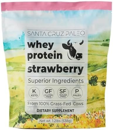 Santa Cruz Paleo Whey Protein Powder, Strawberry, 20g Grass Fed Whey Protein Isolate Per Serving, Gluten Free, Keto, Sugar Free, Paleo, Natural, Post Workout Muscle Support, 20 Servings, 1.2lb Bag