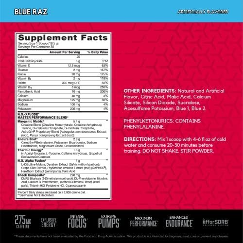 BSN N.O.-XPLODE Pre Workout Powder, Energy Supplement for Men and Women with Creatine and Beta-Alanine, Flavor: Blue Raz, 30 Servings - Image 3