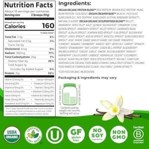 Orgain Organic Vegan Protein + 50 Superfoods Powder, Vanilla Bean – 21g Plant Based Protein, 8g Prebiotic Fiber, No Lactose Ingredients, Gluten Free, No Added Sugar, Non-GMO, 2.02 lb