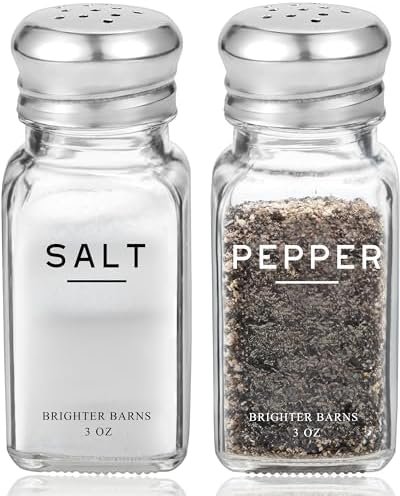 Glass Salt and Pepper Shakers Set by Brighter Barns – Modern Kitchen Decor, Dining Table Countertop Accessory – Rustic, Farmhouse, Vintage Glass Shakers with Stainless Steel Lids for Home, Restaurant