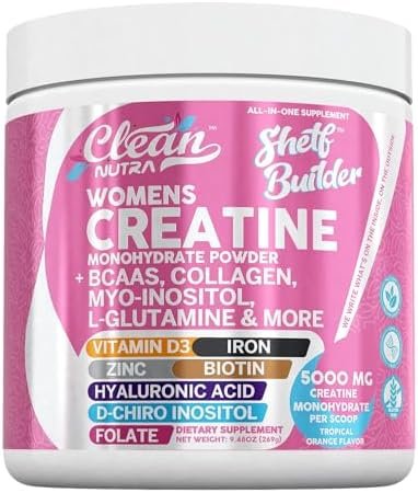 Creatine for Women | Creatine Monohydrate + BCAA Powder Myo-Inositol Collagen Biotin Hyaluronic Acid Folate L Glutamine Vitamin D3 Iron Zinc D-Chiro-Maca Digestion Shelf Builder by Clean Nutra