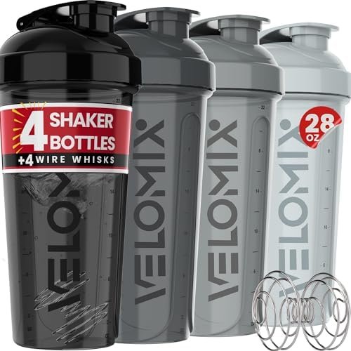-4 PACK- 28 oz Protein Shaker Bottle for Protein Mixes – 4x Wire Whisk | Leak Proof Shaker Cups for Protein Shakes | Protein Shaker Bottle Pack | Protein Shake Cup(Silver Mix)
