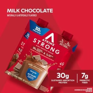 Atkins Strong High Protein Shake, Milk Chocolate, 30g Protein, 7g Prebiotic Fiber, Muscle & Gut Health Support Complex, 12 Count