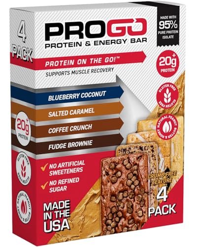 ProGo Clean Protein Bars, Energy Bars – Up to 22g, 95% Pure Protein Isolate for Faster Muscle Growth, Collagen for Recovery, Low Calorie, Sweetened w/Peanut Butter & Honey (4-Count, Starter Pack)