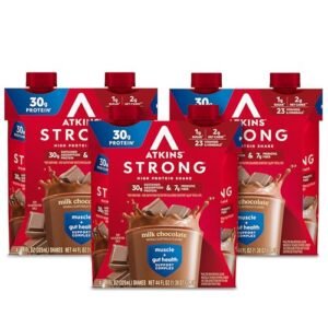 Atkins Strong High Protein Shake, Milk Chocolate, 30g Protein, 7g Prebiotic Fiber, Muscle & Gut Health Support Complex, 12 Count