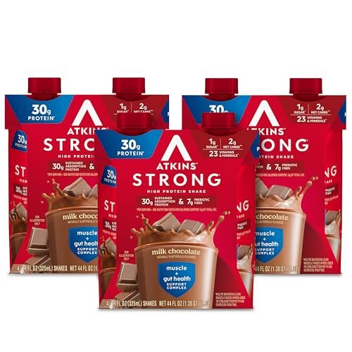 Atkins Strong High Protein Shake, Milk Chocolate, 30g Protein, 7g Prebiotic Fiber, Muscle & Gut Health Support Complex, 12 Count