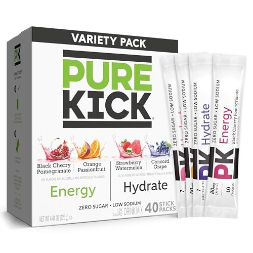 PURE KICK Energy and Hydrate Singles To Go Drink Mix Variety Pack, Black cherry Pomegranate, Orange Passion Fruit, Strawberry watermelon and Concord Grape, 40 Count (Pack – 1)